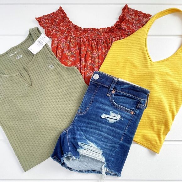 Lot of American Eagle Outfitters - Raw Hem Jean Shorts Halter Tank & Peasant Top - Picture 2 of 16